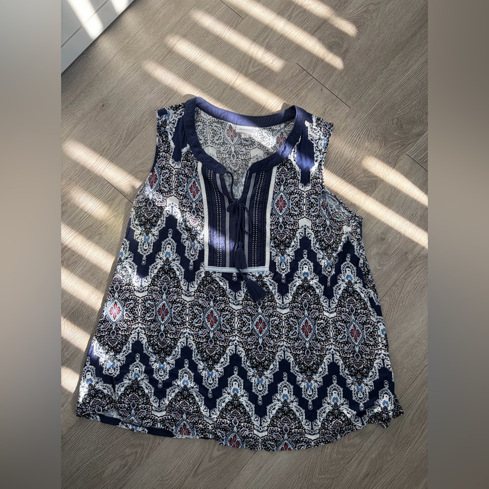 Avenue Navy Paisley Print Sleeveless Tank with Tassel Tie